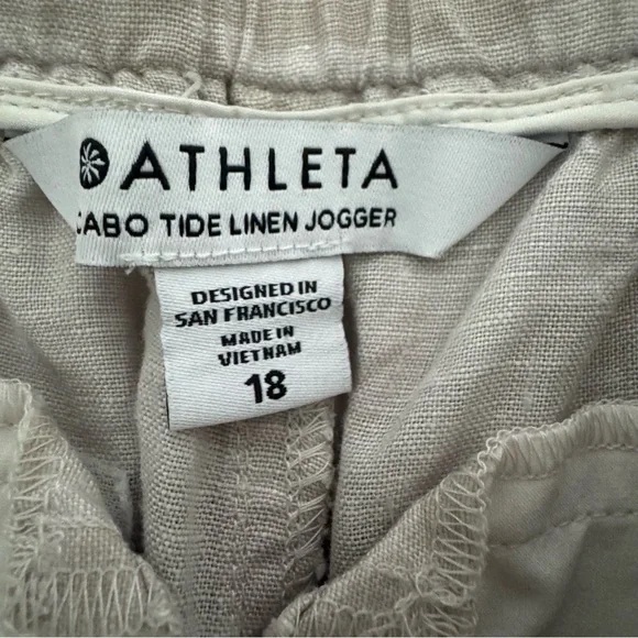Athleta Cabo Tide Linen Jogger Sz 18 Neutral Camo Beige Mid Rise Zip Pocket NWT - Picture 10 of 13